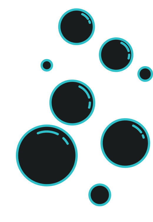 Blue-outlined bubbles on black background.