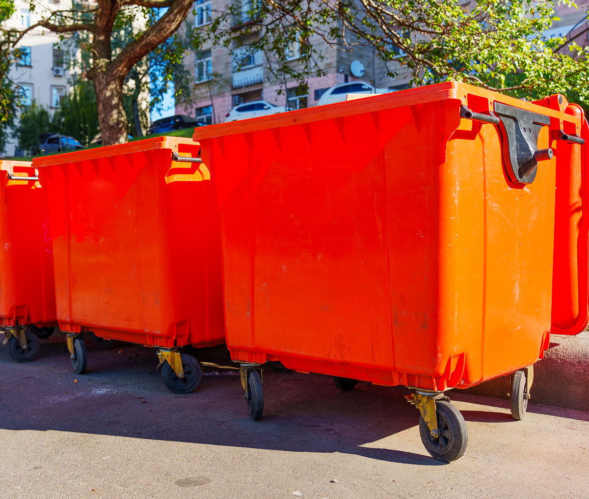 Orange dumpsters lined up on street pavement.